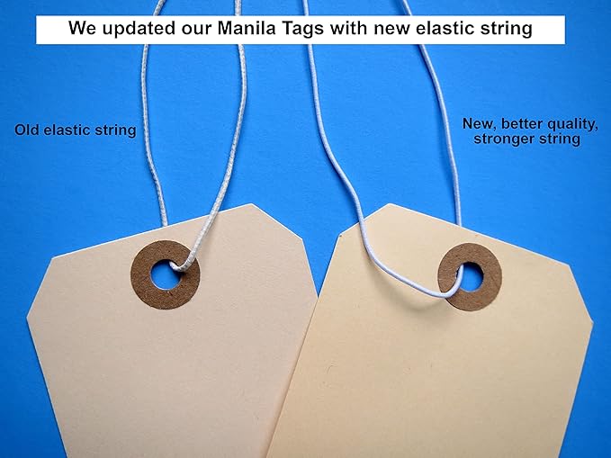 Manila Tags with Elastic Loop - 2 3/4' x 1 3/8', Box of 100 Paper Tags with Reinforced Hole, Labels with String Attached