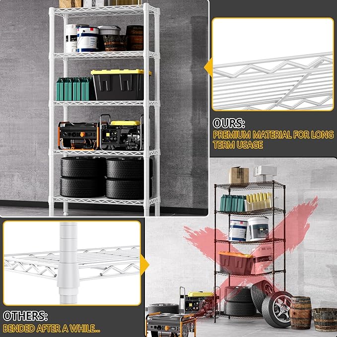 M MZG 1250 lbs 5 Tier Shelf Metal Storage Shelves Wire Rack Closet Organizers for Garage Kitchen Bathroom Laundry White 11.8" D x 29.5" W x 59.5" H