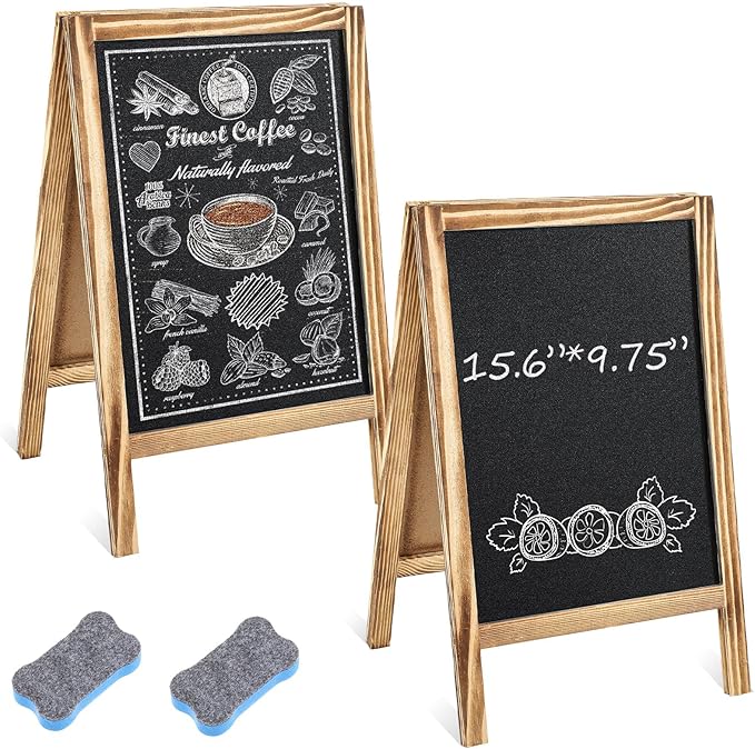 Henoyso 2 Pcs 16" x 10" Small Chalkboard Easel Tabletop Chalkboard Signs Menu Wooden A Frame Sandwich Board for Table, Double Sided with 2 Erasers for Bar Parties Display Home Decor(Brown)