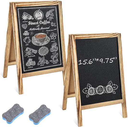 Henoyso 2 Pcs 16" x 10" Small Chalkboard Easel Tabletop Chalkboard Signs Menu Wooden A Frame Sandwich Board for Table, Double Sided with 2 Erasers for Bar Parties Display Home Decor(Brown)