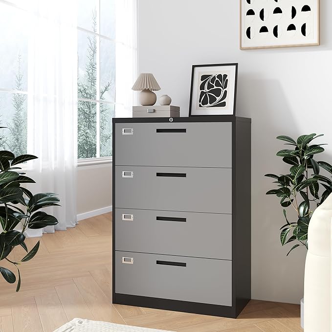 Fesbos Metal Steel 4 Drawer Lateral File Cabinet with Lock, Filling Cabinets for Home Office, Lockable Storage Cabinet for Hanging Files Letter/Legal/F4/A4 Size-Assembly Required
