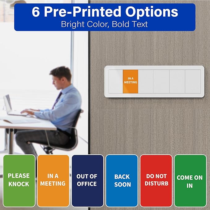 Office Door Signs with 6 Printed Status Options – Do Not Disturb, Out of Office, In a Meeting, Please Knock, Back Soon, Come on in – Includes Custom Personalized Blank Sticker for Privacy Workspace or Studio Available and Away