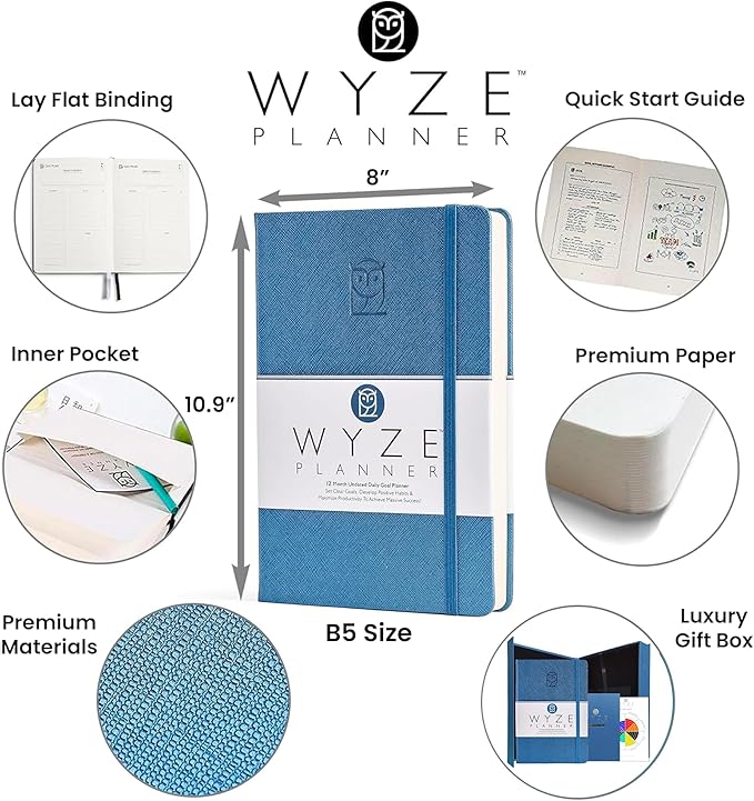 Wyze Planner Undated Daily Planner – 1-Year B5 Productivity Organizer with Two-Page Weekly Spread, Goal Setting, Habit Tracker, Weekly & Monthly Pages – Hardcover Time Management Notebook (Blue)