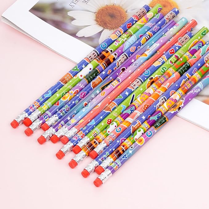 Rbenxia 48PCS Wooden Pencils with Erasers Assortment Colorful Novelty Pencils Awards Incentives for Classroom School Supplies Giveaways Party Favor (Welcom Back to School)