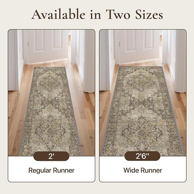 GENIMO 2'6''x7 Runner Rugs for Hallway, Machine Washable Non Slip Vintage Rugs, Low Pile Lightweight Soft Print Rug for enrtyway, Corridor, Home Office, Kitchen, Rustic Brown