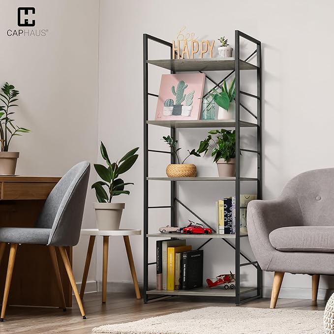 CAPHAUS 5 Tier Bookshelf, 24 Inch Width Free Standing Shelf, Bookcase Shelf Storage Organizer, Industrial Book Shelves for Home Office, Living Room, Kitchen, Dark Grey