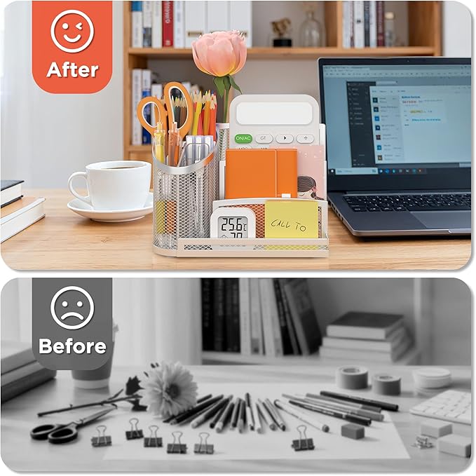 OrgMate 3 Compartment Pen Holder with Vertical Mail Organizer and Flower Tube, Metal Mesh Desk Organizer Modern Decor Aesthetic-Paper Letter Sorter Ideal for Pencil,Envelope and File(Silver)