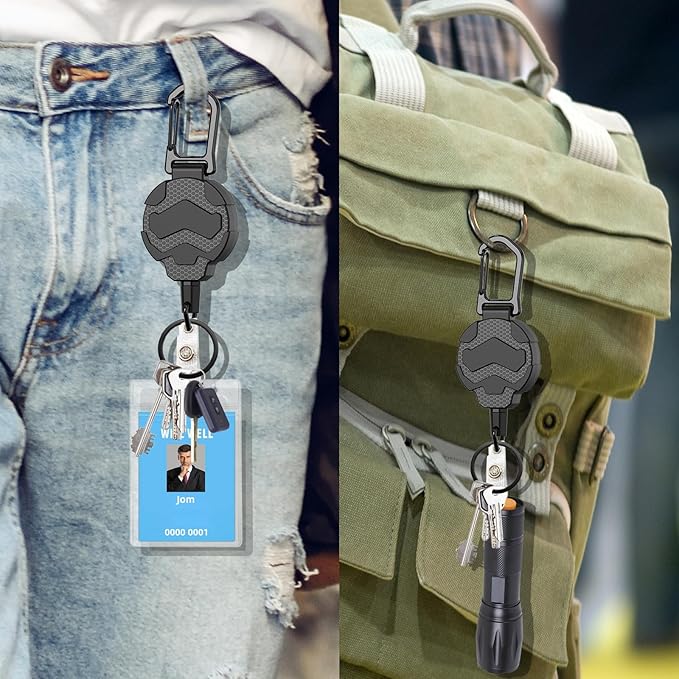 Retractable Keychain Badge Holder with Belt Clip,OR Heavy Duty Carabiner ID Badge Clip Reel, 31.5” Steel Retractable Cord, 10 oz Rebound，Black-1 Pack (with 1 Badge Holder)