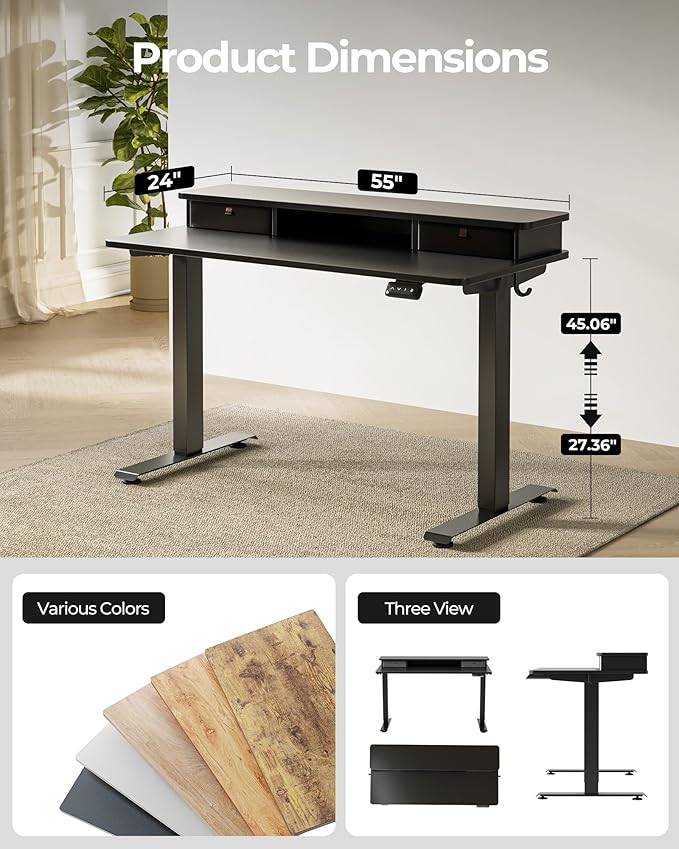 FEZIBO 55 x 24 Inch Height Adjustable Electric Standing Desk with Double Drawer, Stand up Home Office Computer Desk with 4 Height-Adjustable Feets & 2 Hooks, Black