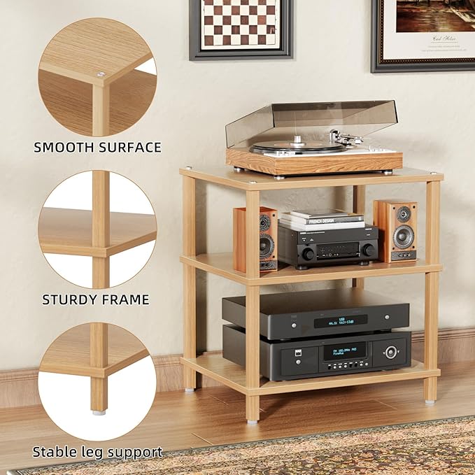 LELELINKY 3-Tier AV Media Player Stand Set of 2, Natural Stereo Cabinet, Wooden TV Stand,Game Console Shelf, Multifunctional Entertainment Center, Suitable for Home, Conference Room, Game Studio
