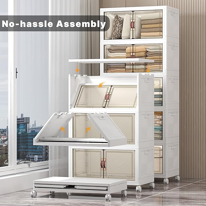 UAMFURI Extra Large Stackable Storage Bins with Lids & Wheels & Door, 560QT-112QT/28GAL*5Pack Foldable Collapsible Closet Organizers, Plastic containers drawers for bedroom Dorm