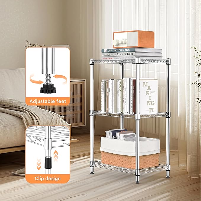 M MZG 3 Tiers Shelf Metal Storage Shelves Wire Rack Closet Organizers with Wheel for Garage Kitchen Bathroom Laundry Chrome 11.8" D x 17.7" W x 28.8" H