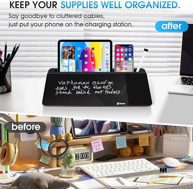 Varhomax Glass Desk Whiteboard Black with Wireless Charger, Desktop Dry Erase White Board with Storage,to Do List Memo Notepad for Home and Office
