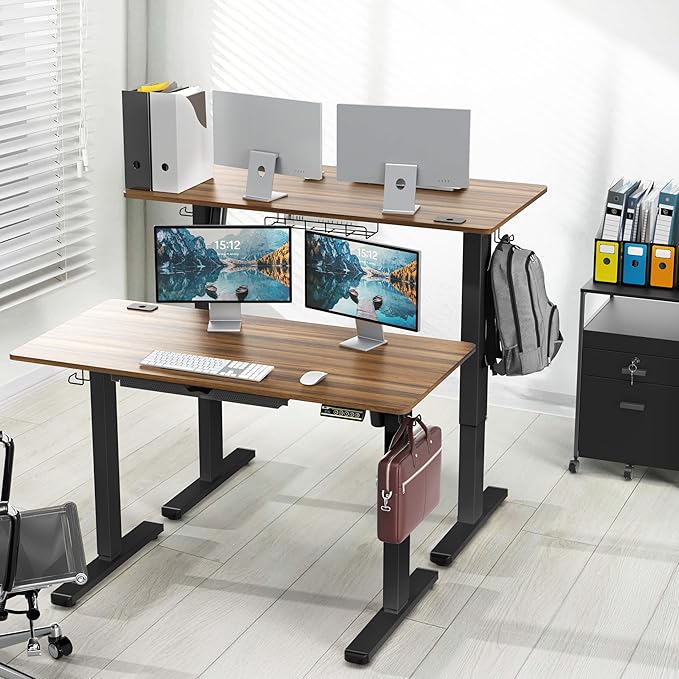 SHW 48-Inch Electric Height Adjustable Standing Desk with Drawer, Memory Preset and Cable Management Tray, Walnut