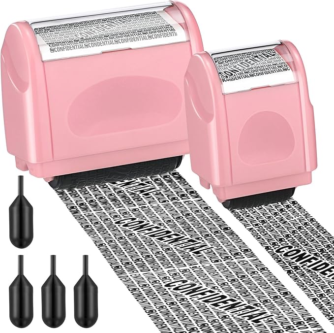 Nezyo 2 Pack Identity Protection Roller Stamp Identity Theft, Confidential, Privacy Roller Stamp Information Blocker and 4 Pack Refill Ink for ID Account Data Address Security (Pink)