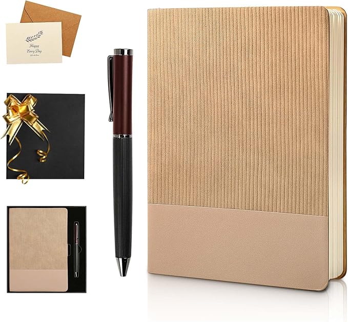 TSFPapier A5 Lined Notebook with Pen & Gift Box 216 Pages PU Leather Journals for Women Men 100GSM Thick Paper College Ruled Notebook for Christmas Gifts, School,Travel,Business,Work,Home Writing (Khaki)