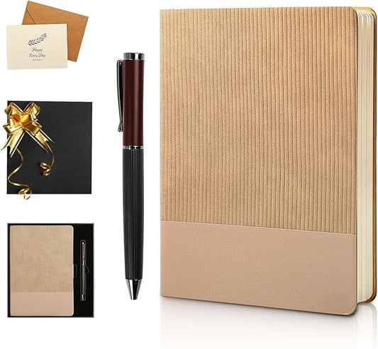 TSFPapier A5 Lined Notebook with Pen & Gift Box 216 Pages PU Leather Journals for Women Men 100GSM Thick Paper College Ruled Notebook for Christmas Gifts, School,Travel,Business,Work,Home Writing (Khaki)
