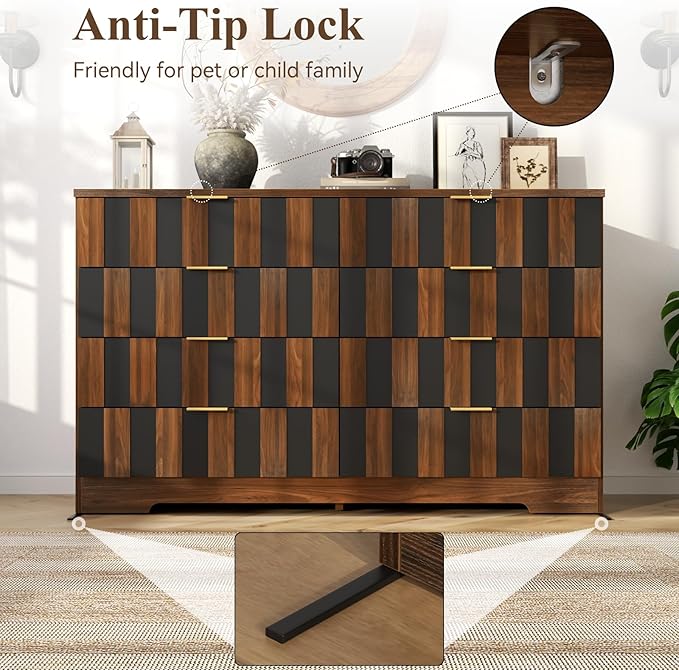 8 Drawer Dresser for Bedroom, Modern Double Dresser, 48" Wide Chest of Drawers with Anti-Tipping & Metal Handles, Mid Century Wooden Storage TV Stand, Closet Dresser for Living Room, Entryway, Walnut