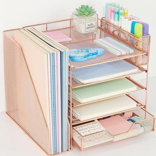 Gugsey Desk Organizer, 5-Tier Paper Letter Tray Organizer with File Holder, Drawer and Pen Holder, Desktop Organizer for Office Supplies, Rose Gold