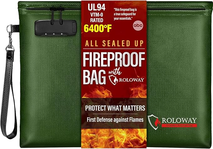 ROLOWAY Fireproof Document Bag (14.5 x 11.5 inch), 6400℉ Fireproof Money Bag with Zipper for Cash, Fire Safe Money Pouch with Lock (Green)