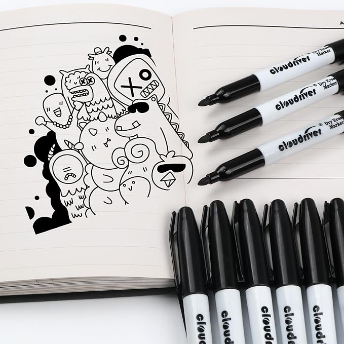 cloudriver Fine Tip Dry Erase Markers Black, 60 Pack Black Whiteboard Markers Bulk, Low-Odor, Ideal For School Office Home Use