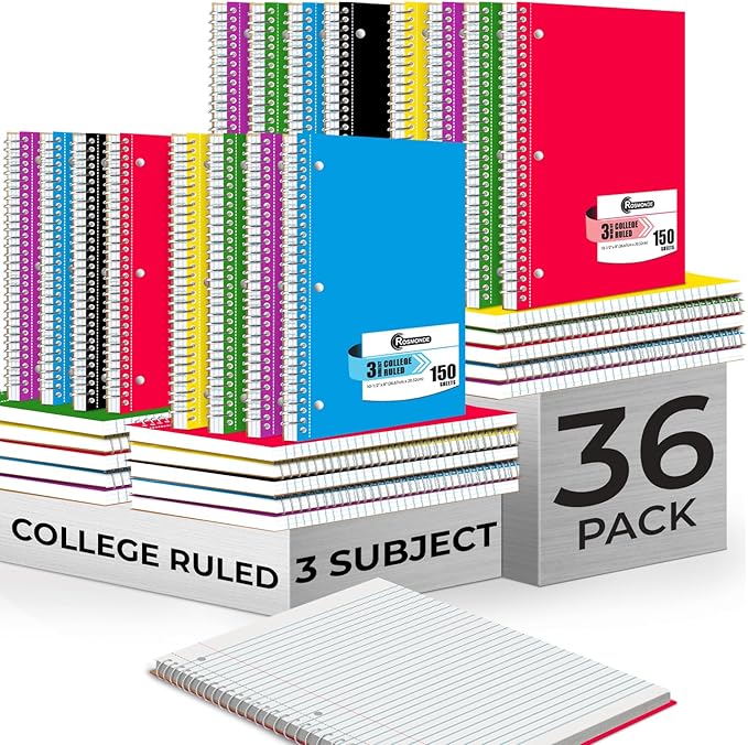 Rosmonde 36 Pack 3 Subject Spiral Notebook College Ruled Bulk, Thick Paper, Extra Pages - 300 Pages (150 Sheets), 8 x 10-1/2", Bulk Spiral Journal for School, 3 Hole Punched, Bulk Subject Notebooks