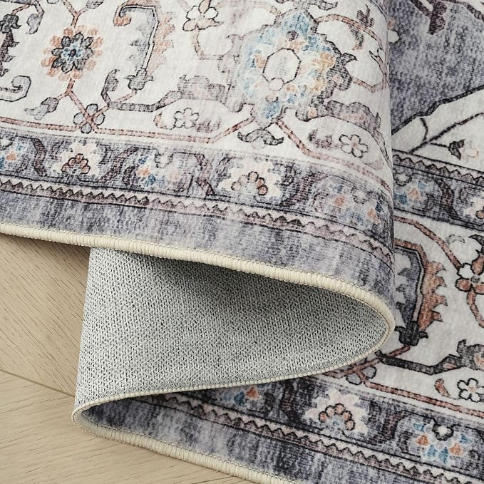 Rugcomf Vintage Medallion 3'x5' Washable Rug - Non-Slip Low Pile Area Rug, Small Boho Carpet for Bedroom, Bedside, Kitchen, Entryway, Kids/Girls Room, Office - Grey and White