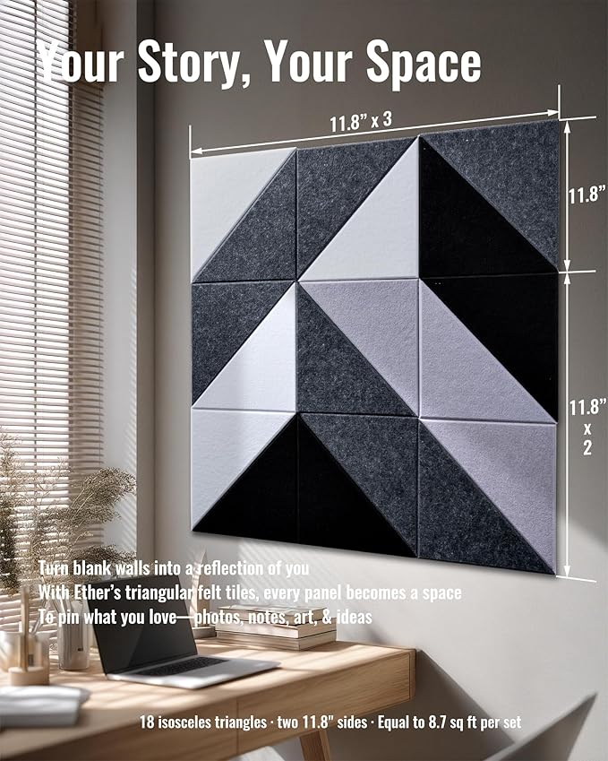PebblingQ Felt Wall Tiles Bulletin Board, Modular Decorative Panels for Home Office, Kids Room, Classroom, DIY Geometric Design, Creative Photo Display Board, 18 Pack 11.8" Triangle Tiles(Ether)