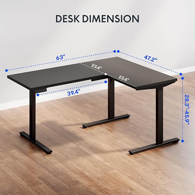 FLEXISPOT L Shaped Standing Desk, 63 x 47 Inch Electric Height Adjustable Corner Desk, Sit Stand Computer Workstation, Preset Controller, Home Office, Black Frame with Black Top
