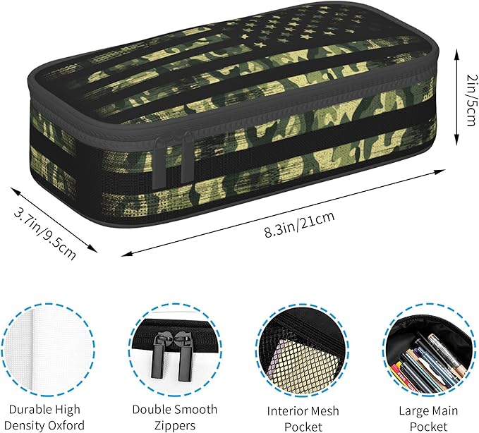 YIJIUWKIS Camo Pencil Box for Kids Adults, Usa Flag Style Pencil Case for Boys Girls, Green Pencil Pouch Big Capacity Portable Pencil Holder Stationery Storage Desk Pen Bag for School Office
