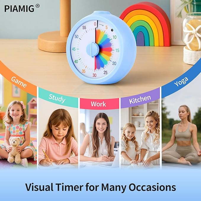 Visual Timer, 60-Minute Countdown Timer for Kids and Adults with Adjustable Volume, Rainbow Design Time Management Tools with Silent Operation, Suitable for Classroom, Office and Home (Blue)