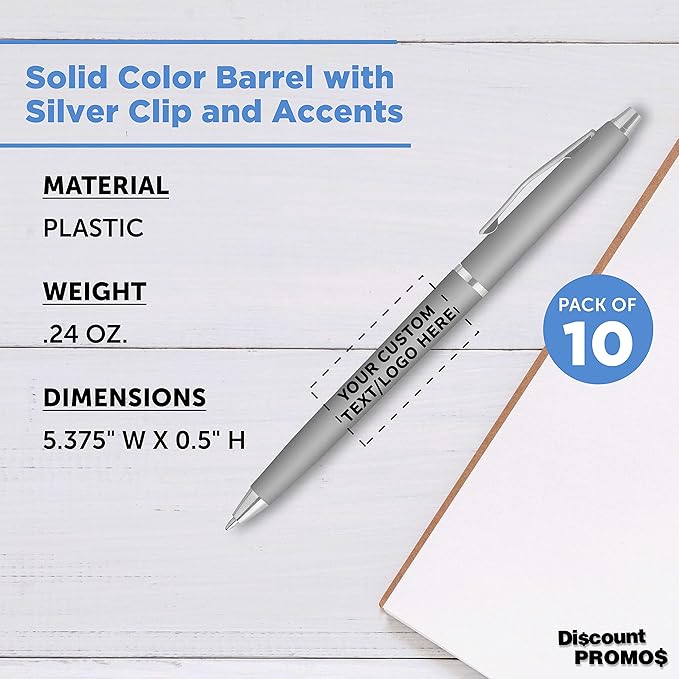 DISCOUNT PROMOS Custom Langham Ballpoint Pens Set of 10, Personalized Bulk Pack - Black Ink, Great for Office, School, Business, Tradeshows - Silver