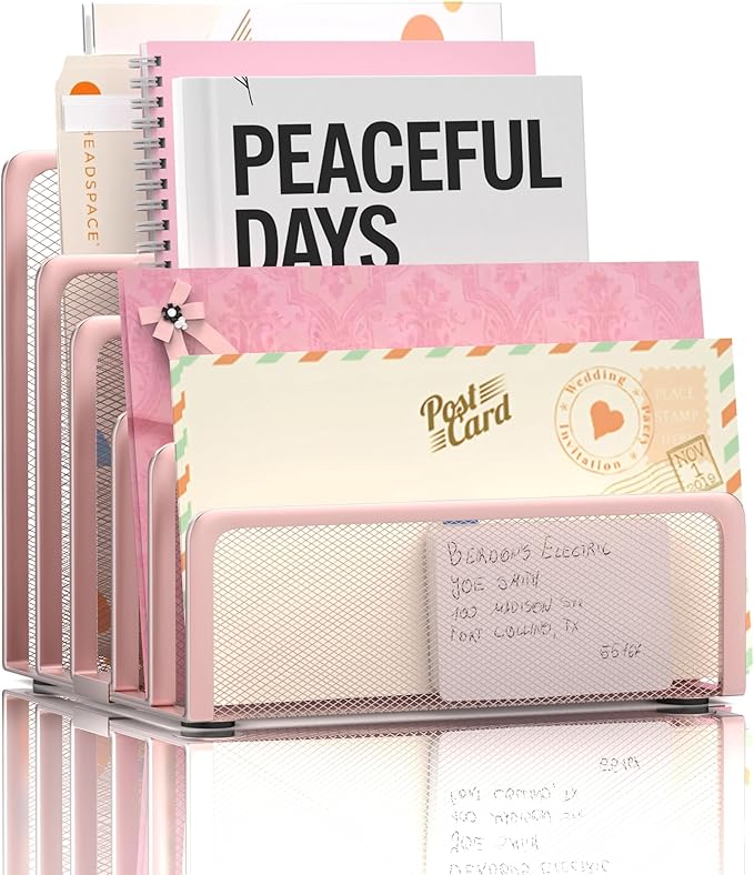 ReePlan Mail Organizer Countertop with 5 Slot, Metal Mail Holder for Desk, File Holder Letter Sorter for Envelope, Bill and Document (Rose Gold)