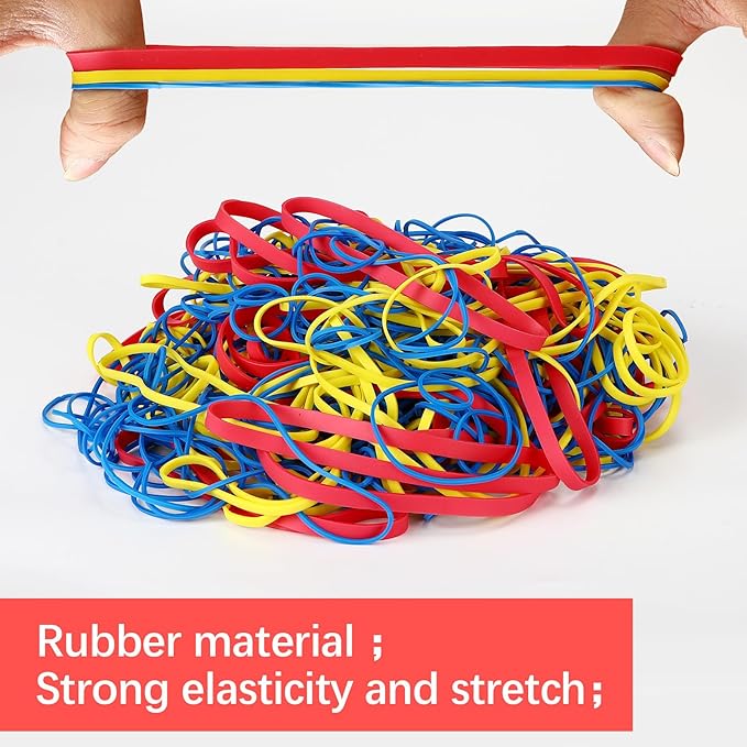 405 pcs assorted size rubber bands 0.68lbs Elastic colored rubber bands for office supplies rubberbands bulk mix colors and size with bag,Red (3-1/2 x 1/4 inches), Yellow (3-1/2 x 1/8 inches),Blue (3-1/2 x 1/16 inches)