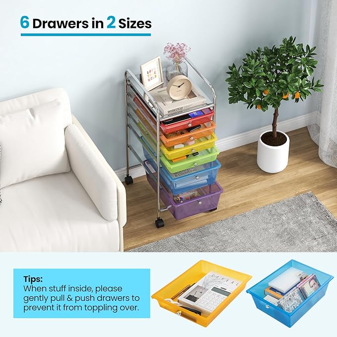 Giantex 6 Storage Drawer Cart Rolling Organizer Cart for Tools Scrapbook Paper Home Office School Multipurpose Mobile Utility Cart (Multicolor)