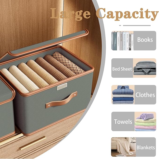 Tuza 4 Pack Storage Bins with Lids, Collapsible Closet Organizer Container, Fabric Organizer Box with Handles, Decorative Storage Boxes with Lids for Organizing Clothes, Blanket, Grey, Extra Large