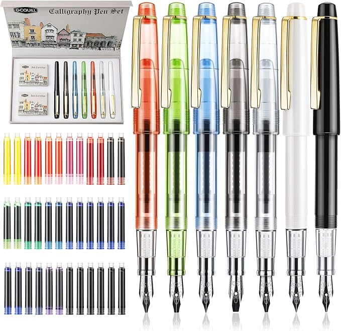GC QUILL Calligraphy Set Fountain Pens 7 Different Size Nibs and 36 Assorted Ink Cartridges Kit for Calligraphy Lettering - Complete Easy Learning Set for Beginners F736