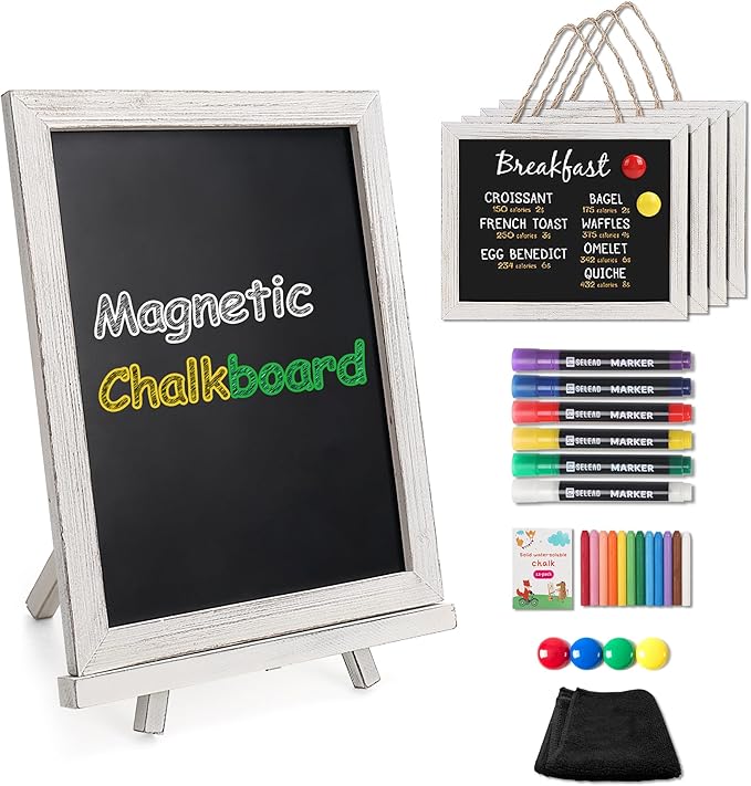 SELEAD 100% Real Wood Frame Small Magnetic Chalkboard Sign with Stand - 5 Pack 10x12 Inch Tabletop/Hanging Decorative Chalk Board, Message Menu Board for Business, Wedding, Event