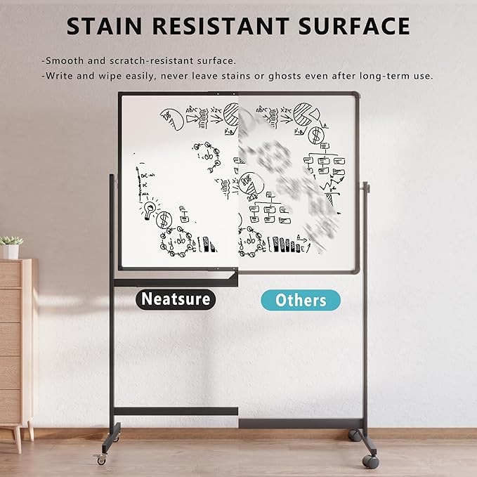 Neatsure Large Rolling Whiteboard on Wheels, 48" x 36" Double-Sided Mobile White Board with Stand, 4' x 3' Portable Standing Magnetic Dry Erase Board Easel for Home Office Classroom School, Black