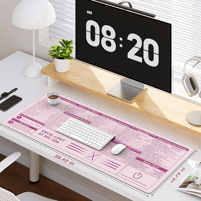 iCasso Excel Cheat Sheet Desk Pad,Excel Mouse Pad Shortcuts,Excel Shortcuts Cheat Sheet Keyboard Mat, Extended Large XXL Non-Slip Mousepad with Stitched Edges for Computer(Pink Excel Shortcuts)