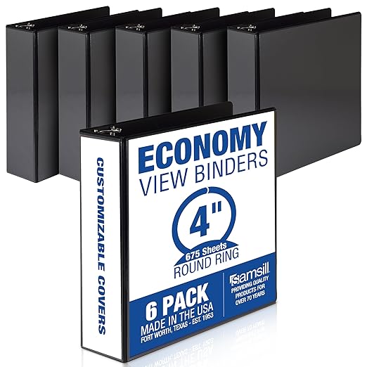 Samsill 4 Inch 3 Ring Binders, Made in USA, Economy Round Ring, Clear View Cover, 675 Sheet Capacity - for School, Home, Office - Black, 6 Pack
