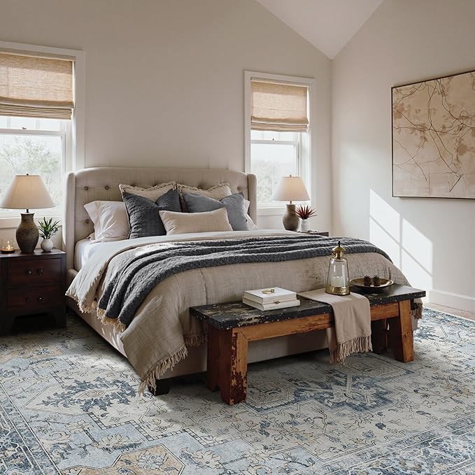 GENIMO 8x10 Area Rugs for Living Room, Machine Washable Non Slip Vintage Rugs, Low Pile Lightweigt Chenille Print Indoor Rug for Bedroom, Dining Room, Home Office, Blue