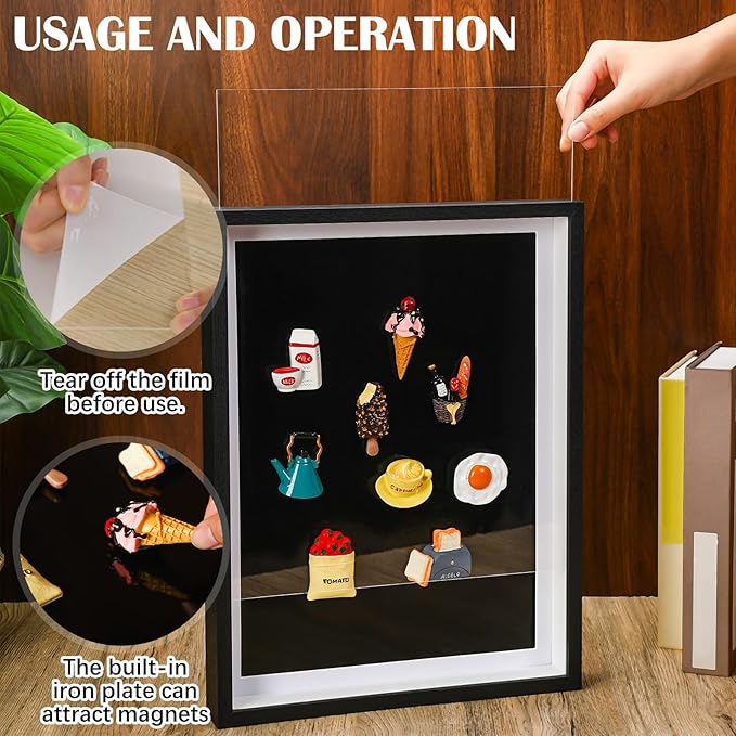 Vicenpal 1 Pcs Large Magnetic Board 16" x 12" Magnet Display Board Removable Souvenir Fridge Magnet Frames Case for Wall Dust Proof Magnetic Shadow Box for Wall Table Refrigerator (Black)