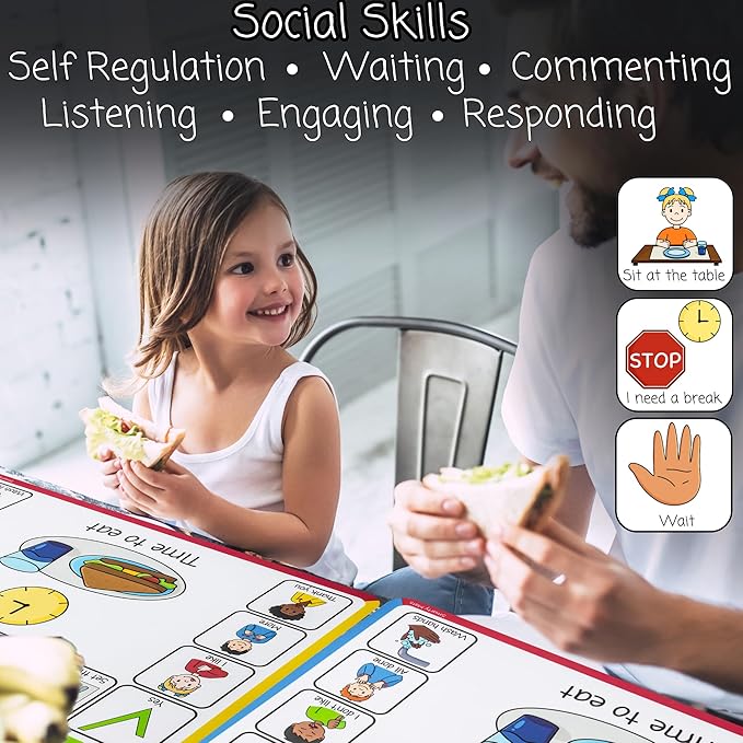 Speech Therapy Placemats for Autism & Non-Verbal Kids (6 Pack) – Visual Communication Boards, ABA Therapy Tools, Toddler Speech Delay Aids – Smarty Mats Waterproof Wipe-Clean Mealtime Mats