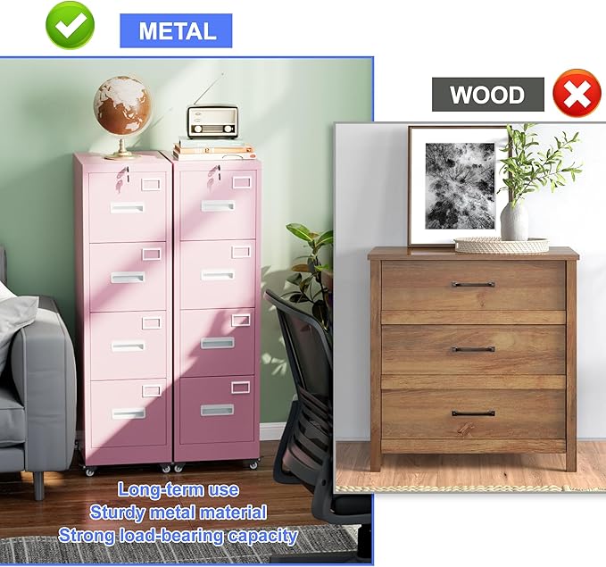 METAN 4 Drawer File Cabinet on Wheels, Lockable Metal Filing Cabinet with Handle and Name Card for Office Home,Assembly Required,Pink