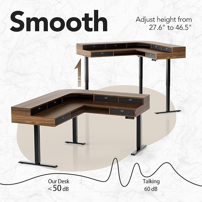 HUANUO 65.5" × 57.6" Electric L Shaped Standing Desk with 6 Storage Drawers, 2-Tier Corner Sit Stand Desk with Power Strip Tray & Cable Grommets, Height Adjustable Computer Gaming Table, Walnut