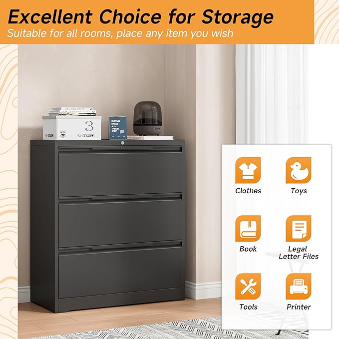 Bestoo 3-Drawer Lateral File Cabinet with Lock, Filing Cabinet for Home Office, Metal File Storage Cabinets, Fits File Folders, Letter/Legal/F4/A4 Sizes, Assembly Required (Black)
