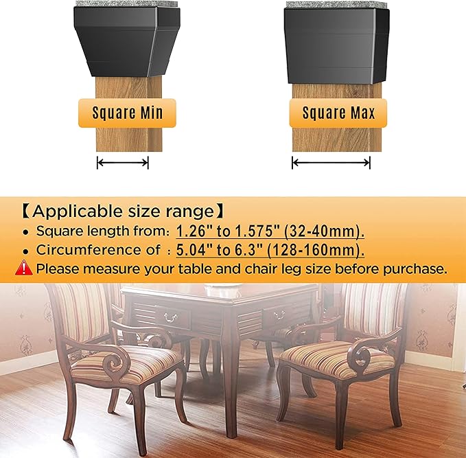 CHWM Square Chair Leg Protectors for Hardwood, 16Pcs Silicone Chair Legs Caps to Prevent Floor from Scratches and Reduce Noise, Easy to Move,(1.5 Inch Black).