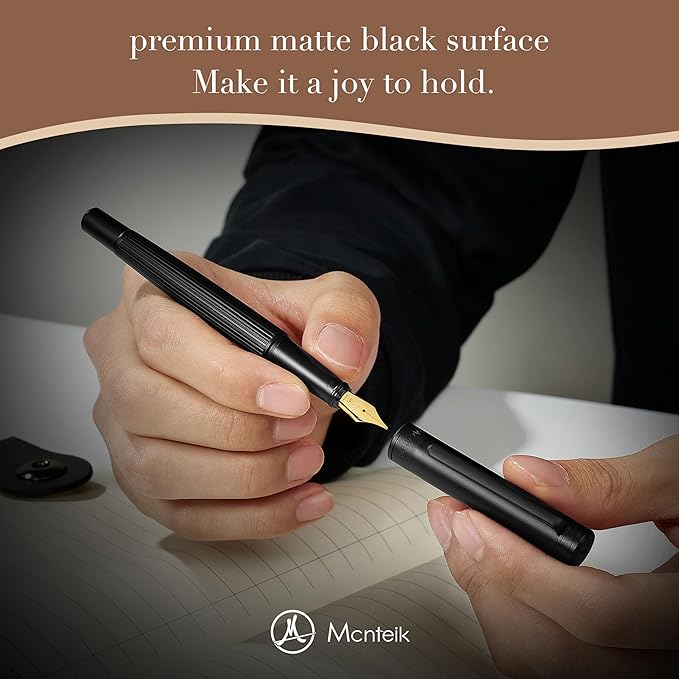 MCNTEIK Matte Black Fountain Pen, Exquisite Vertical Grooving Design, Ink Converter, 18K Gilded Nib (Extra Fine), Fancy Gift Set for Men & Women, Office, Smooth Writing Calligraphy Pens