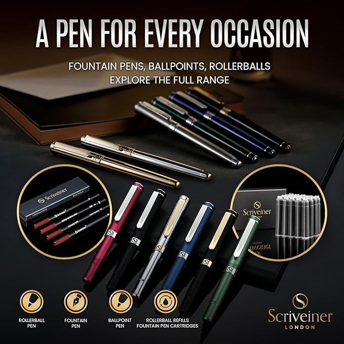 Scriveiner Deep Crimson Red Fountain Pen - Stunning Luxury Pen with Chrome Finish, Schmidt Nib (Medium), Best Pen Gift Set for Men & Women, Professional, Executive, Office, Nice Pens